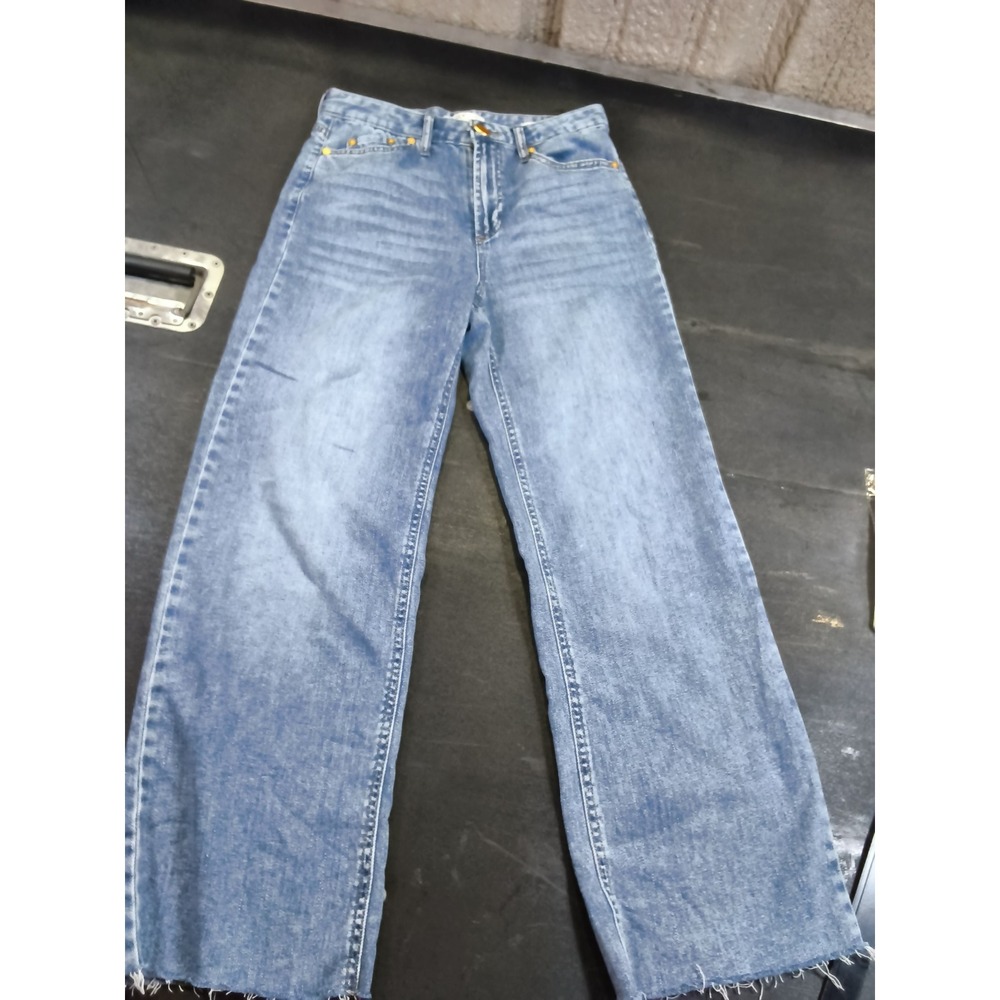 OAT New York Cloud Luxe Denim Light Wash High Rise Wide Leg Jeans Raw Hem 2/26